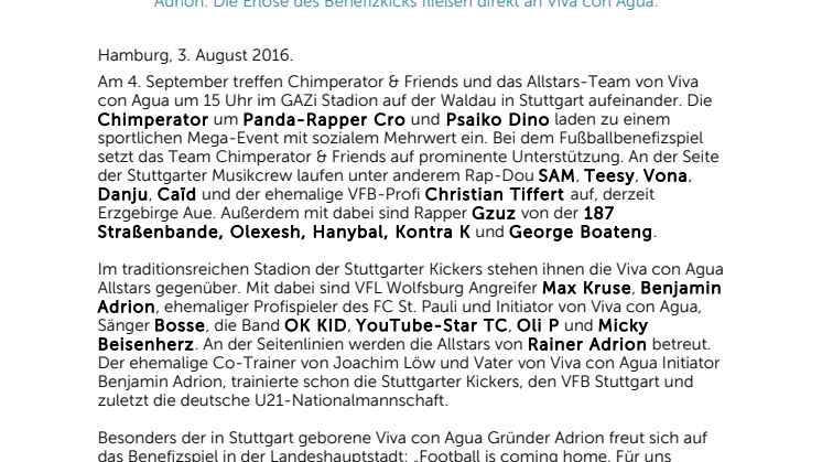 Cro fordert die Viva con Agua Allstars am 4. September im „Wohnzimmer“ der Stuttgarter Kickers heraus