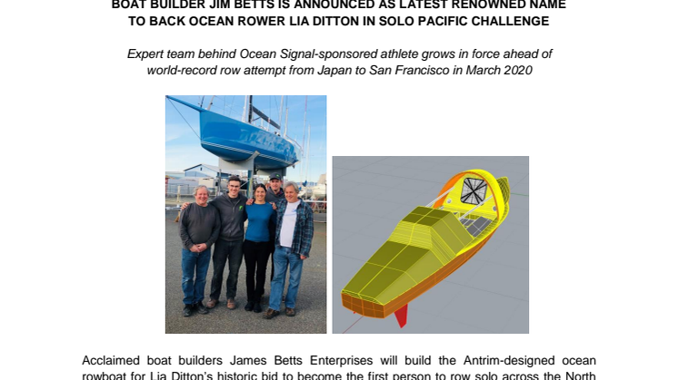 Boat Builder Jim Betts is Announced as Latest Renowned Name to Back Ocean Rower Lia Ditton in Solo Pacific Challenge