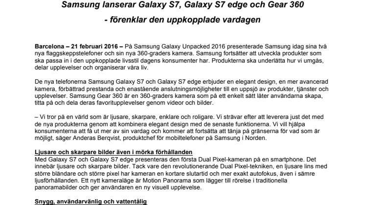 Samsung lanserar Galaxy S7, Galaxy S7 edge och Gear 360 - förenklar den uppkopplade vardagen
