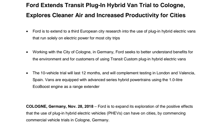 Ford udvider testkørsel af Transit PHEV til Köln