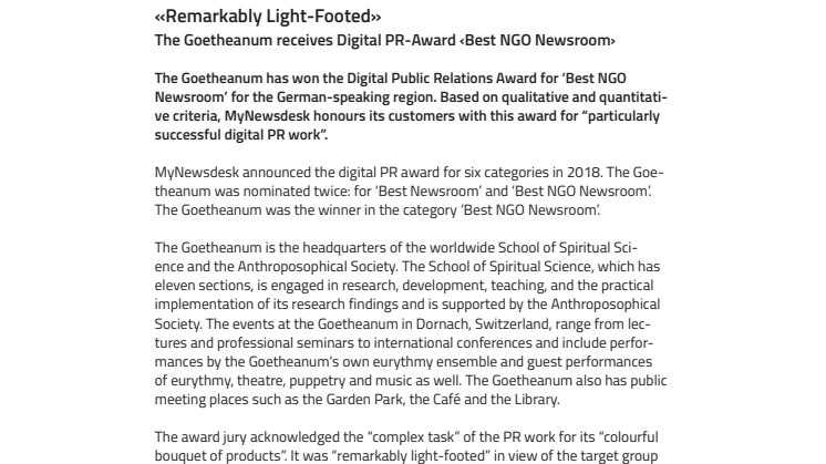 «Remarkably Light-Footed». ​The Goetheanum receives Digital PR-Award ‹Best NGO Newsroom›