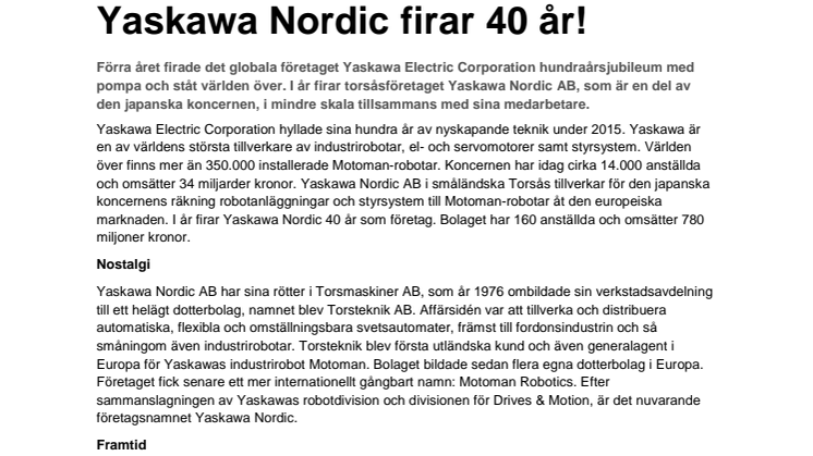 Yaskawa Nordic firar 40 år!
