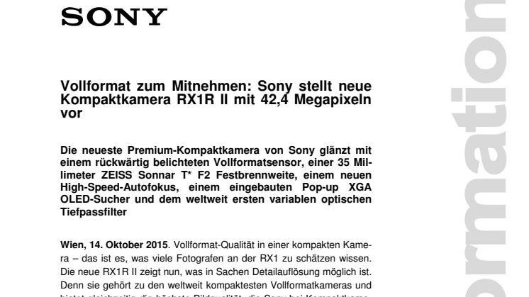 Vollformat zum Mitnehmen: Sony stellt neue Kompaktkamera RX1R II mit 42,4 Megapixeln vor