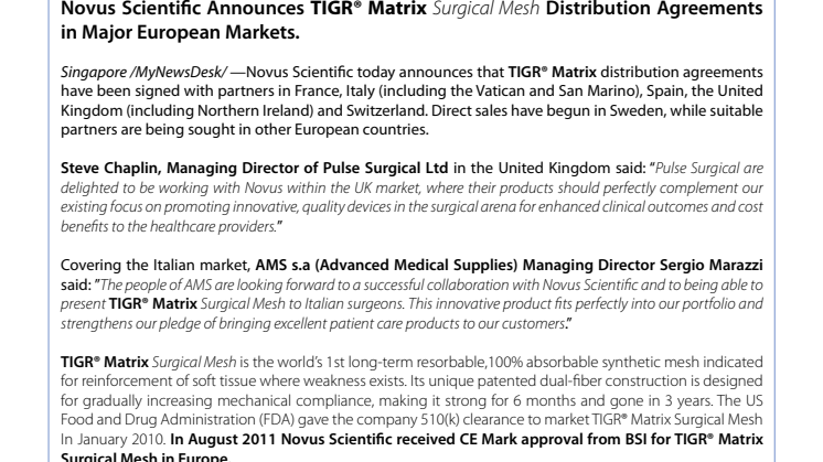 Novus Scientific Announces TIGR® Matrix Surgical Mesh Distribution Agreements in Major European Markets.