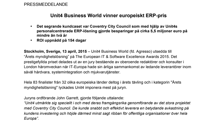 Unit4 Business World vinner europeiskt ERP-pris 