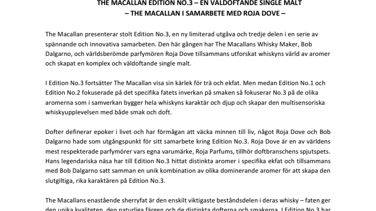 The Macallan lanserar Edition No.3  i samarbete med Roja Dove 