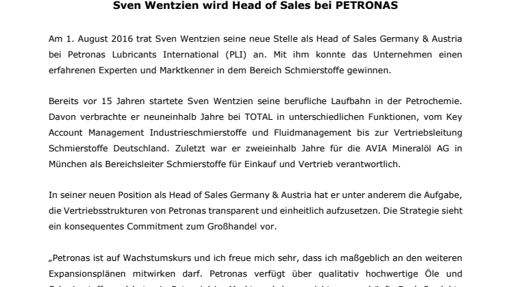 Sven Wentzien wird Head of Sales bei PETRONAS