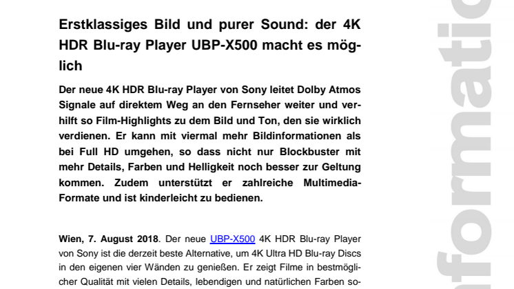Erstklassiges Bild und purer Sound: der 4K HDR Blu-ray Player UBP-X500 macht es möglich
