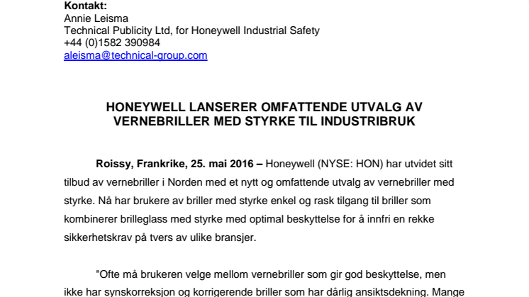 Honeywell lanserer omfattende utvalg av vernebriller med styrke til industribruk