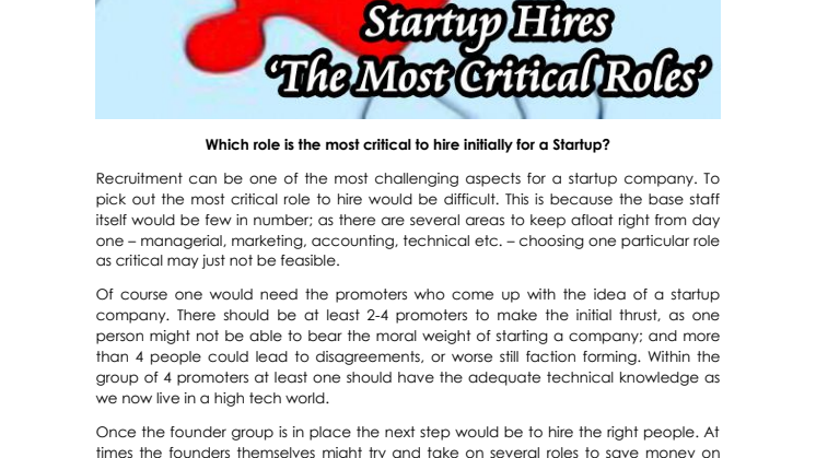Which role is the most critical to hire initially for a Startup?