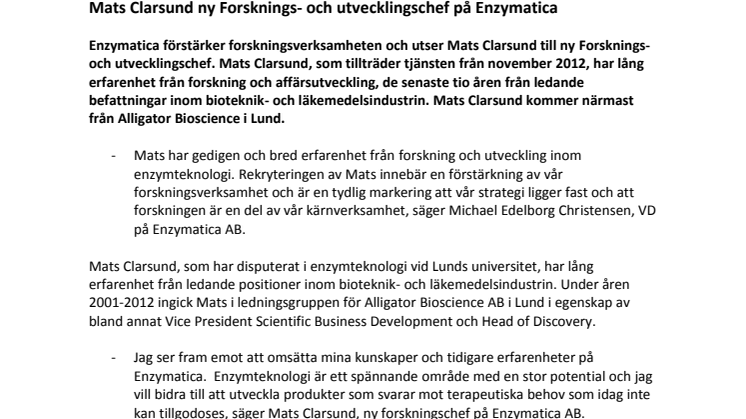 Mats Clarsund ny Forsknings- och utvecklingschef på Enzymatica