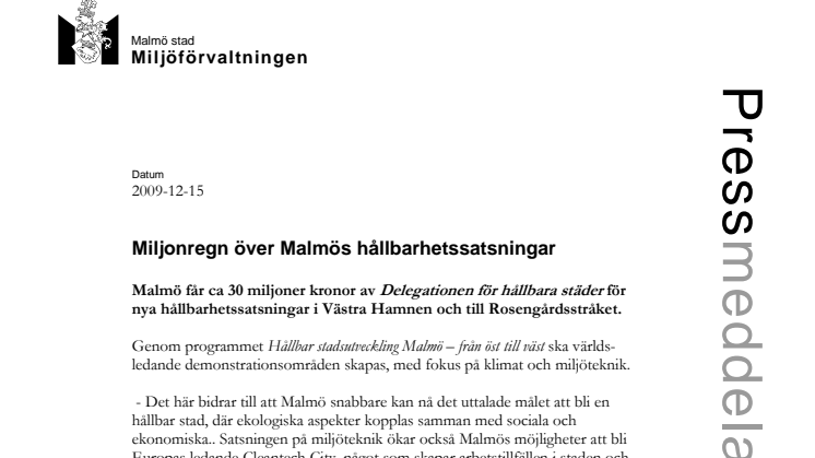 Miljonregn över Malmös hållbarhetssatsningar