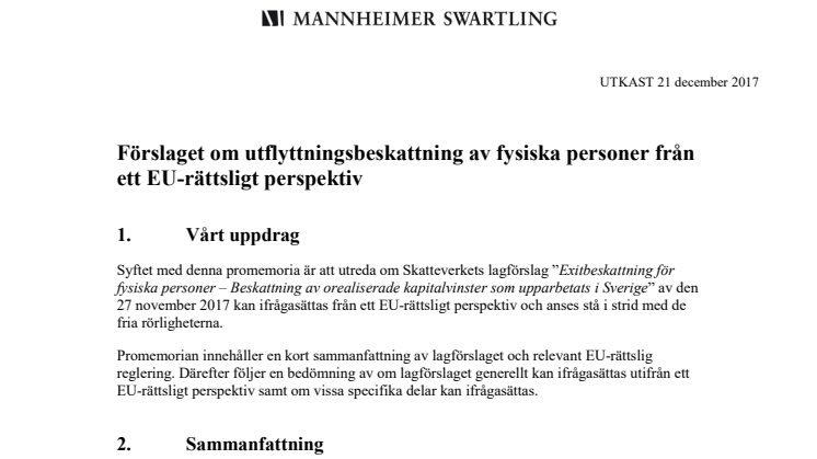 Mannheimer Swartling Advokatbyrå: Analys av utflyttningsskatten