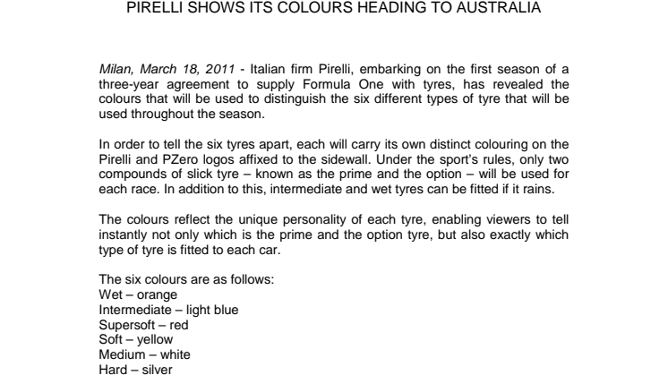 Pirelli Formula 1 press release in English, tyre colors