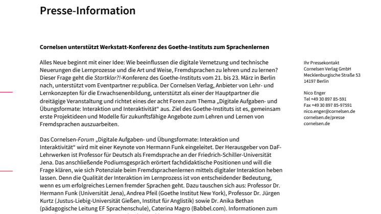 Cornelsen unterstützt Werkstatt-Konferenz des Goethe-Instituts zum Sprachenlernen 