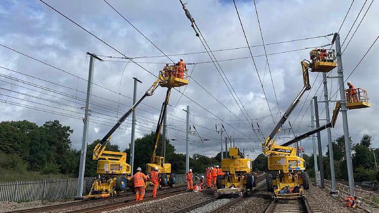 Engineers installing overhead wires for the Midland Main Line Upgrade