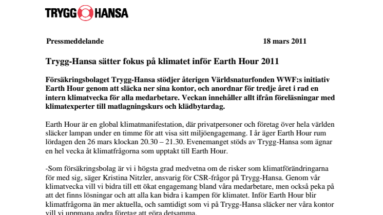 Trygg-Hansa sätter fokus på klimatet inför Earth Hour 2011