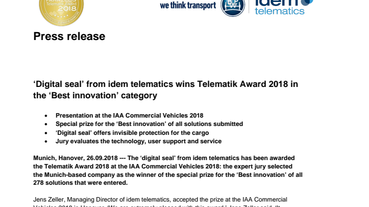 ‘Digital seal’ from idem telematics wins Telematik Award 2018 in the ‘Best innovation’ category 