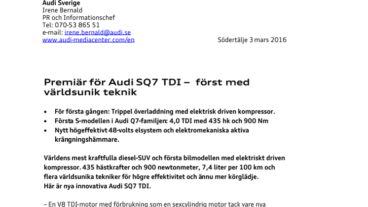 Premiär för Audi SQ7 TDI –  först med världsunik teknik