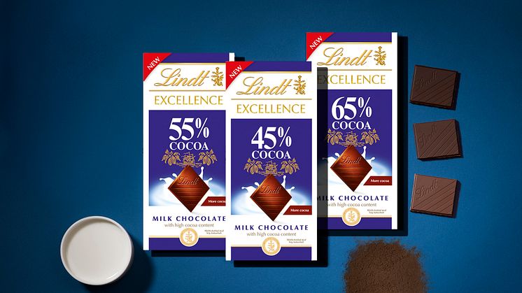 Mer kakao. Mindre socker. Upptäck nya Lindt Excellence Mjölkchoklad med högre kakaohalt.