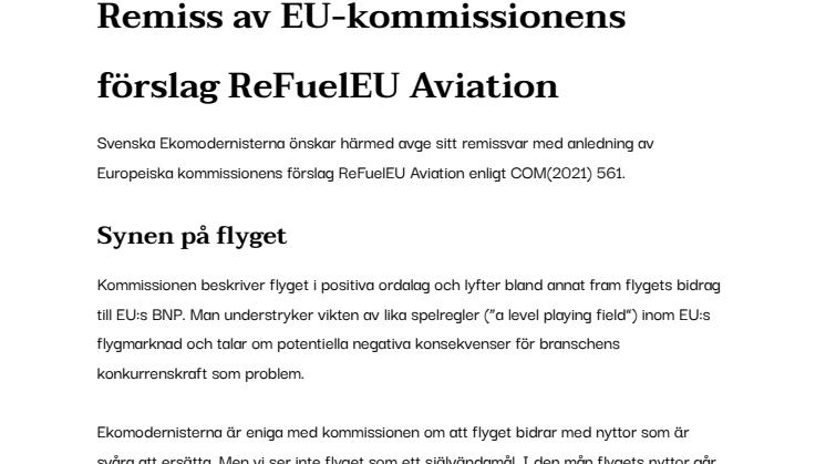 Svenska Ekomodernisternas remissvar av EU-kommissionens förslag ReFuelEU Aviation
