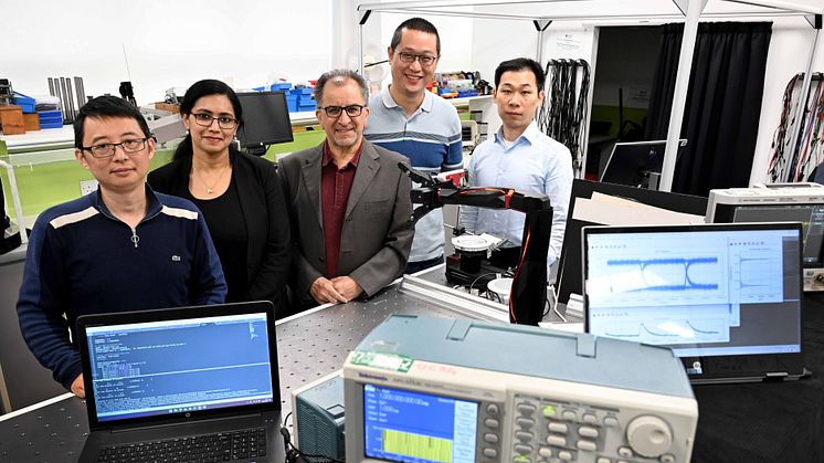 Pictured from left to right are Northumbria University academics Dr Qiang Wu, Dr Juna Sathian, Professor Zabih Ghassemlooy, Dr Yongtao Qu and Dr Xicong Li.