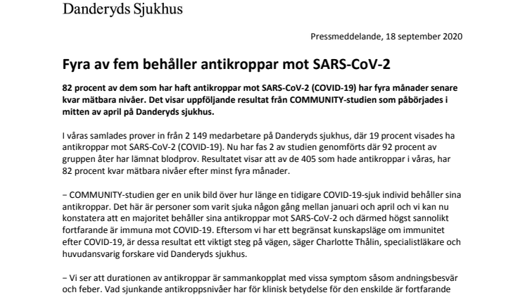 Fyra av fem behåller antikroppar mot SARS-CoV-2