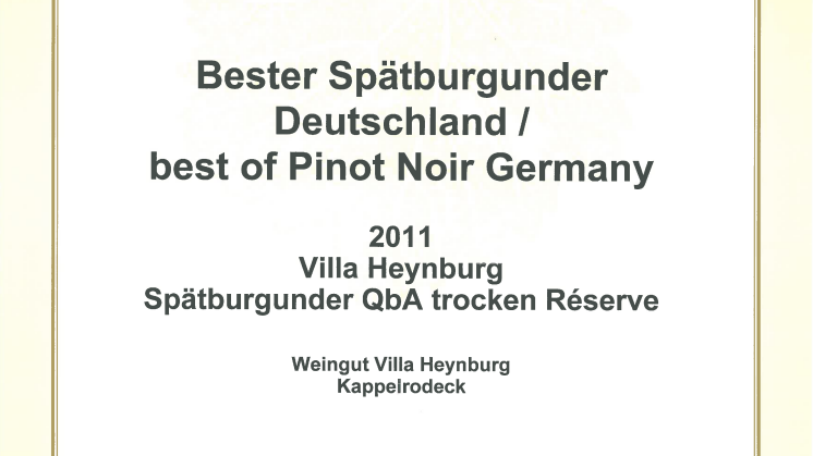 Urkunde Spätburgunder Réserve 2011 Villa Heynburg - Mundus Vini 2014