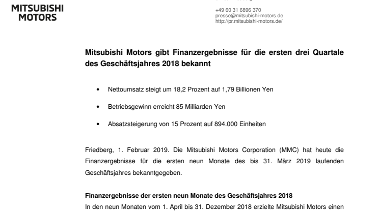 Mitsubishi Motors gibt Finanzergebnisse für die ersten drei Quartale des Geschäftsjahres 2018 bekannt 