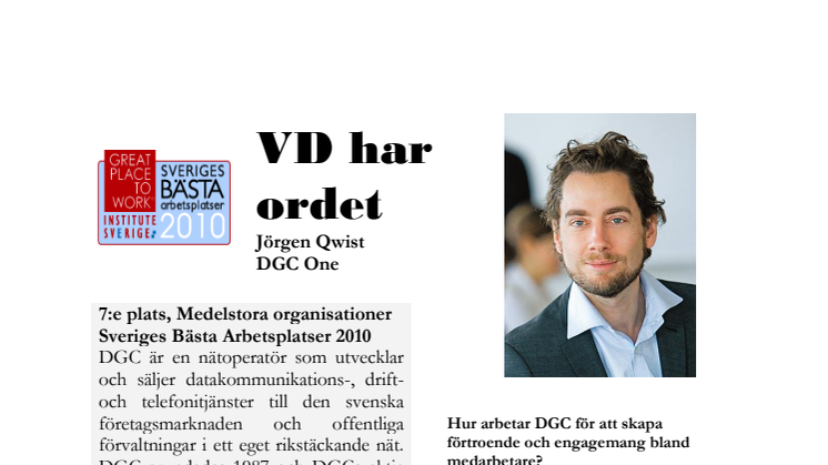 VD har ordet!  Jörgen Qwist - DGC - Sveriges Bästa Arbetsplatser 2010