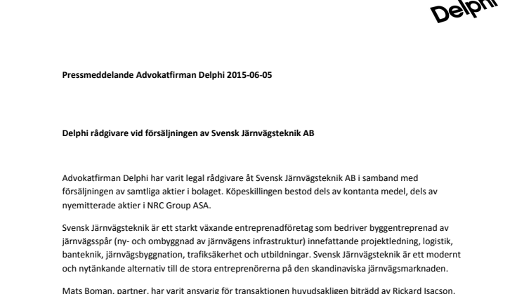 Delphi rådgivare vid försäljningen av Svensk Järnvägsteknik AB