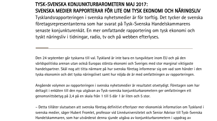 Tysk-svenska konjunkturbarometern maj 2017: Svenska medier rapporterar för lite om tysk ekonomi och näringsliv