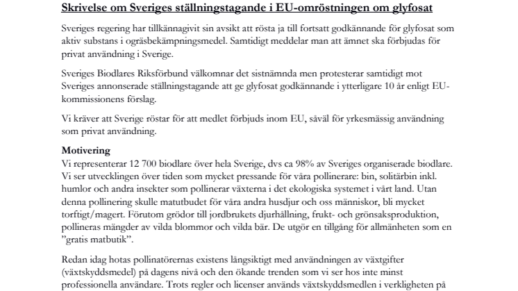 Skrivelse om Sveriges ställningstagande i EU-omröstningen om glyfosat