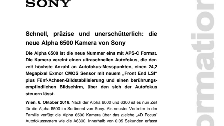 Schnell, präzise und unerschütterlich: die neue Alpha 6500 Kamera von Sony