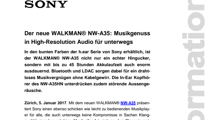 ​Der neue WALKMAN NW-A35: Musikgenuss in High-Resolution Audio für unterwegs