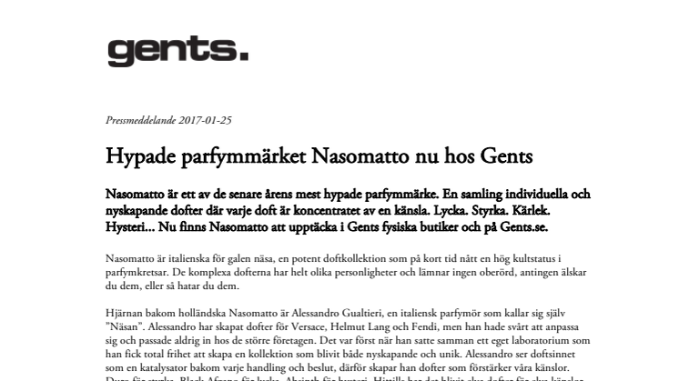 Hypade parfymmärket Nasomatto nu hos Gents