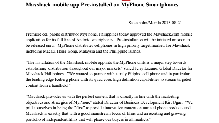 Mavshack mobile app Pre-installed on MyPhone Smartphones