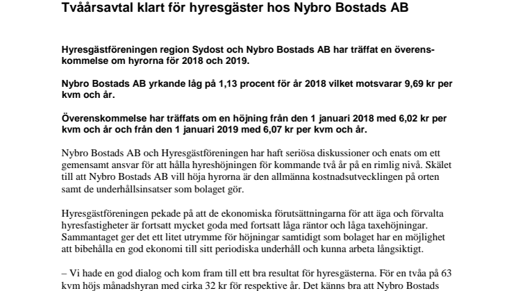 Tvåårsavtal klart för hyresgäster hos Nybro Bostads AB