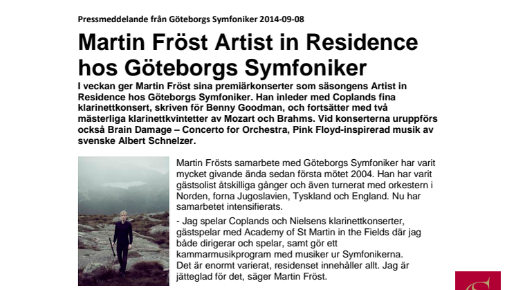 Martin Fröst Artist in Residence hos Göteborgs Symfoniker