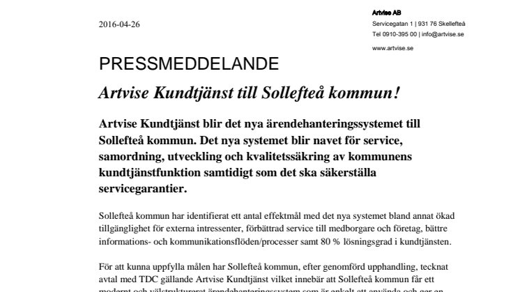 Artvise Kundtjänst till Sollefteå kommun!
