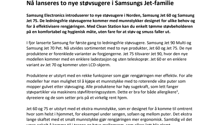 Nå lanseres to nye støvsugere i Samsungs Jet-familie