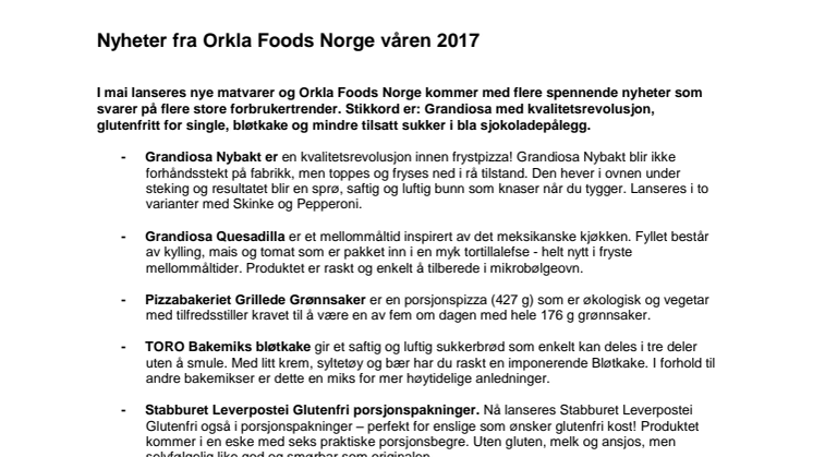Nyheter fra Orkla Foods Norge våren 2017
