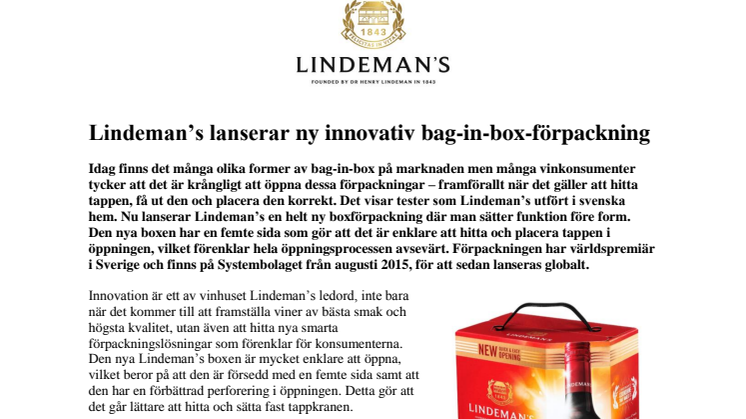 Lindeman’s lanserar ny innovativ bag-in-box-förpackning