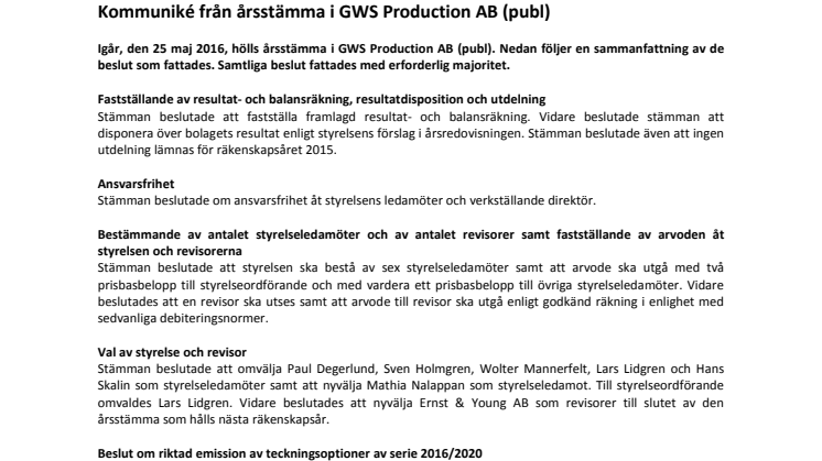 Kommuniké från årsstämma i GWS Production AB (publ)