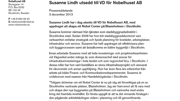 Susanne Lindh utsedd till VD för Nobelhuset AB