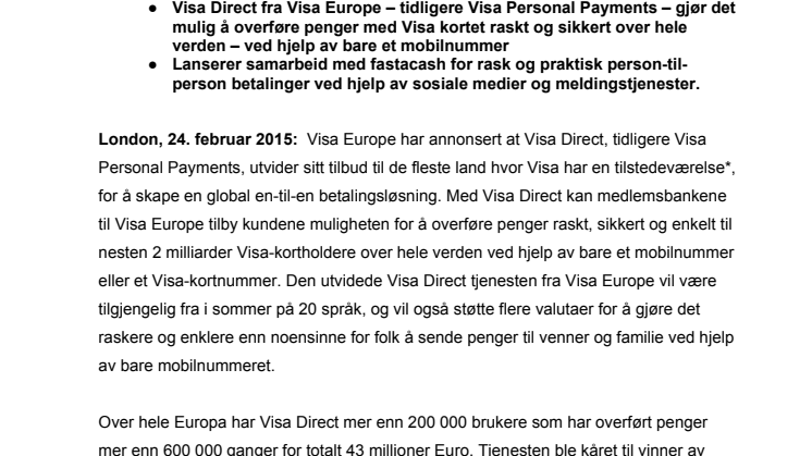 Visa Europe utvider en-til-en betalingsløsninger globalt – integrert med sosiale medier i samarbeid med fastacash