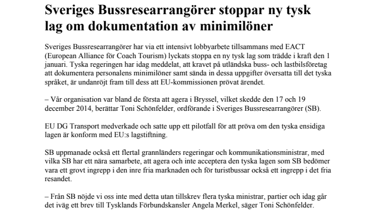 Sveriges Bussresearrangörer stoppar ny tysk lag om dokumentation av personalens minimilöner