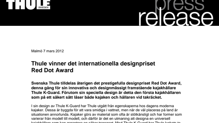 Thules kajakhållare Thule K-Guard vinner det internationella designpriset Red Dot Award 