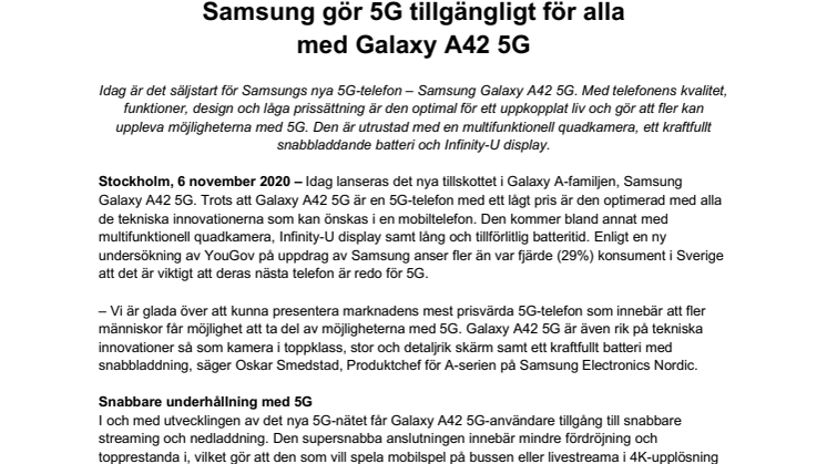 Samsung gör 5G tillgängligt för alla med Galaxy A42 5G