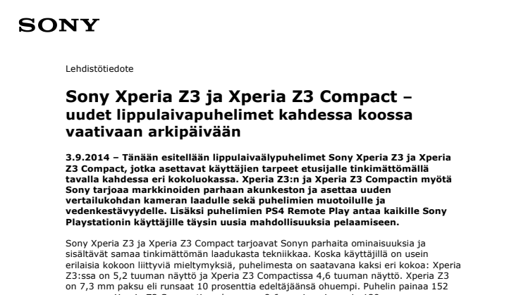 Xperia Z3 ja Xperia Z3 Compact -älypuhelimet